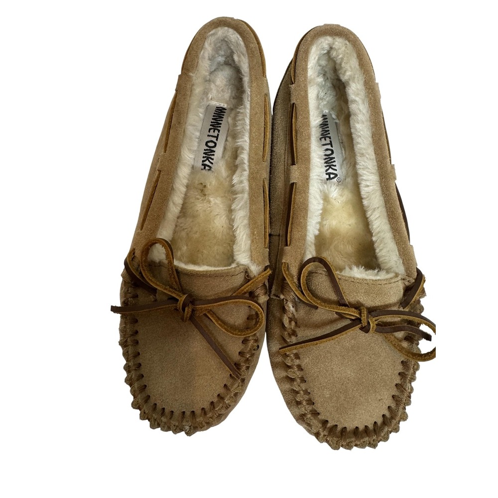 Minnetonka Moccasin Shoes Womens Size 7 Tan Suede Shearling Lined Slippers Cozy